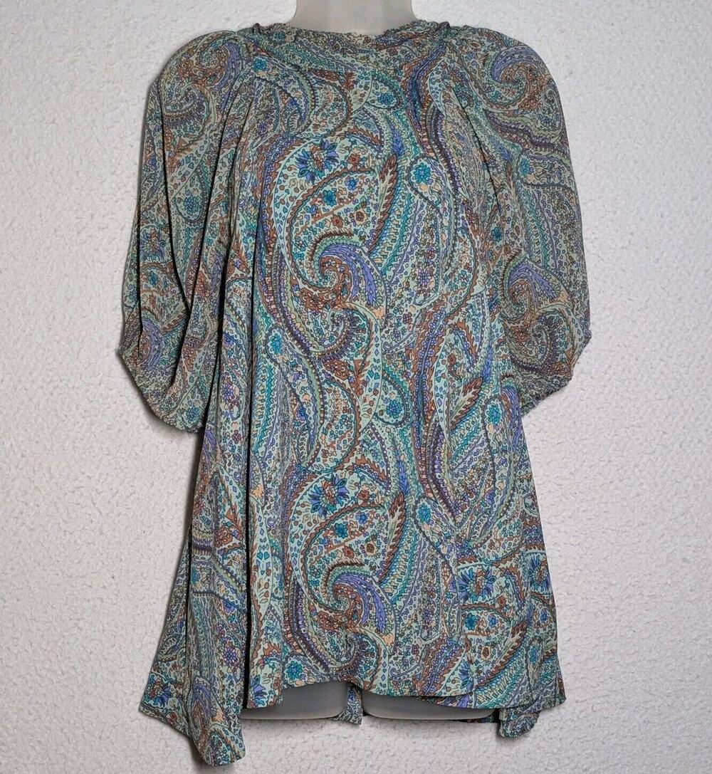 Entro Blouse Puff Sleeve Women Sz Large Multi Sheer Paisley Flowy Loose